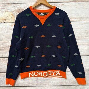 Vintage Umbro Famous Nobodys Sweater Mens M Navy Orange Knit Pullover Crewneck